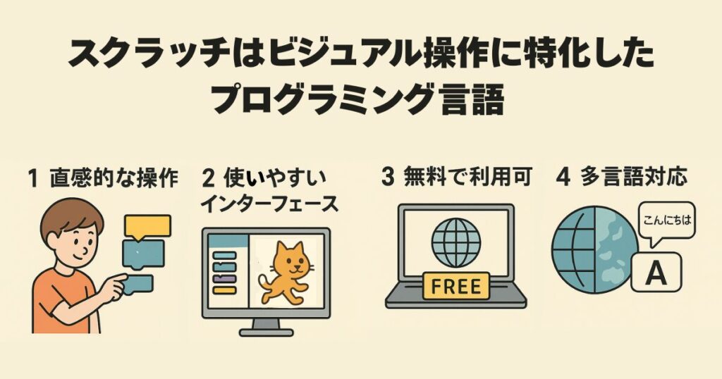 スクラッチはビジュアル操作に特化したプログラミング言語